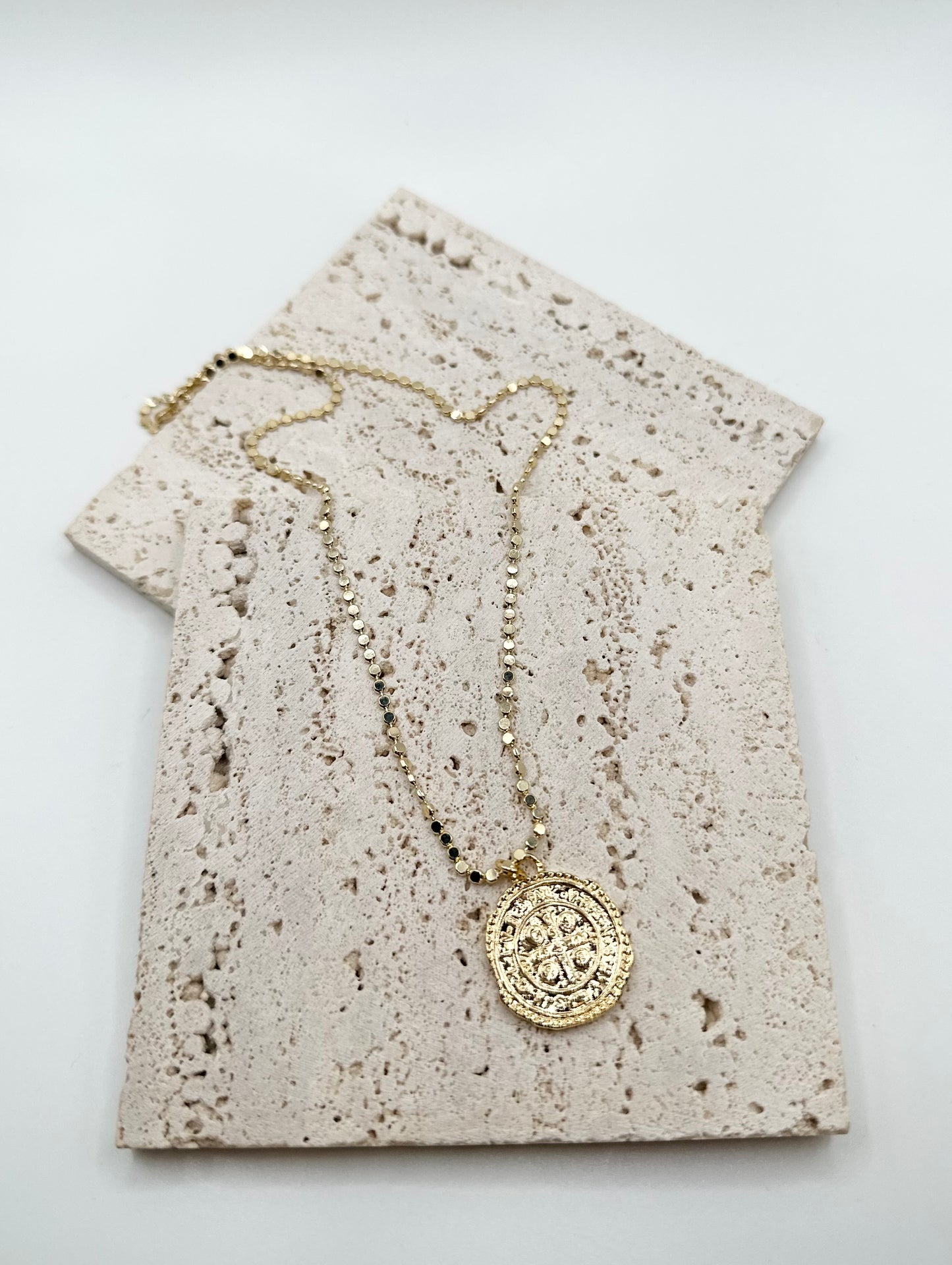 Cross Coin Necklace (18K Gold Filled Flat Beaded Chain)