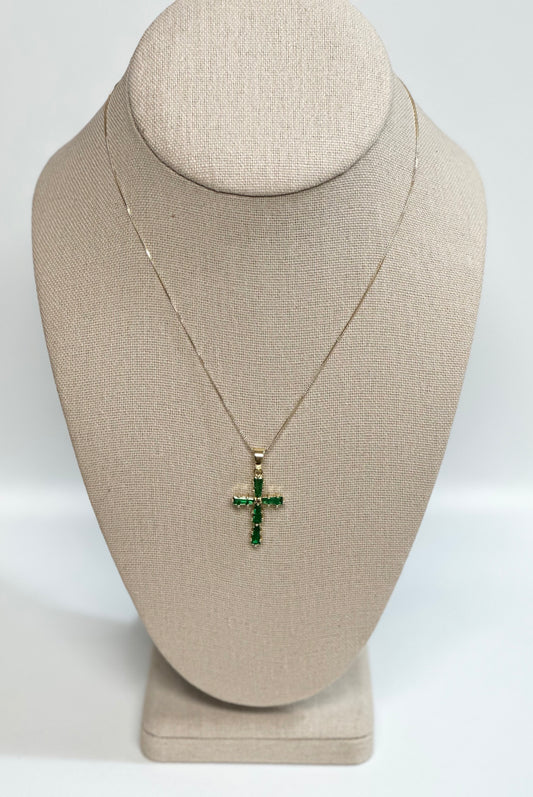 Emerald Green Cross Necklace (18K Gold Filled)