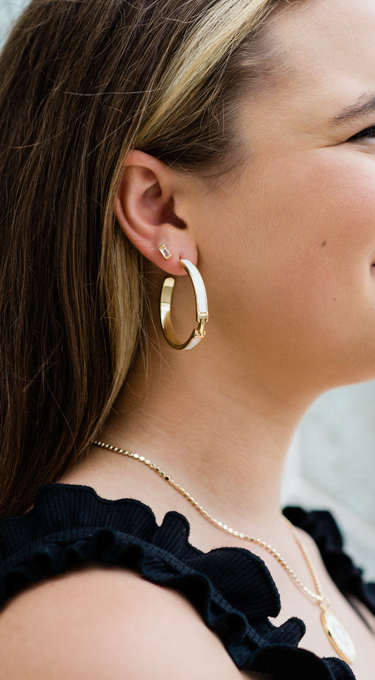 White Enamel Hoop Earrings(Gold Filled)